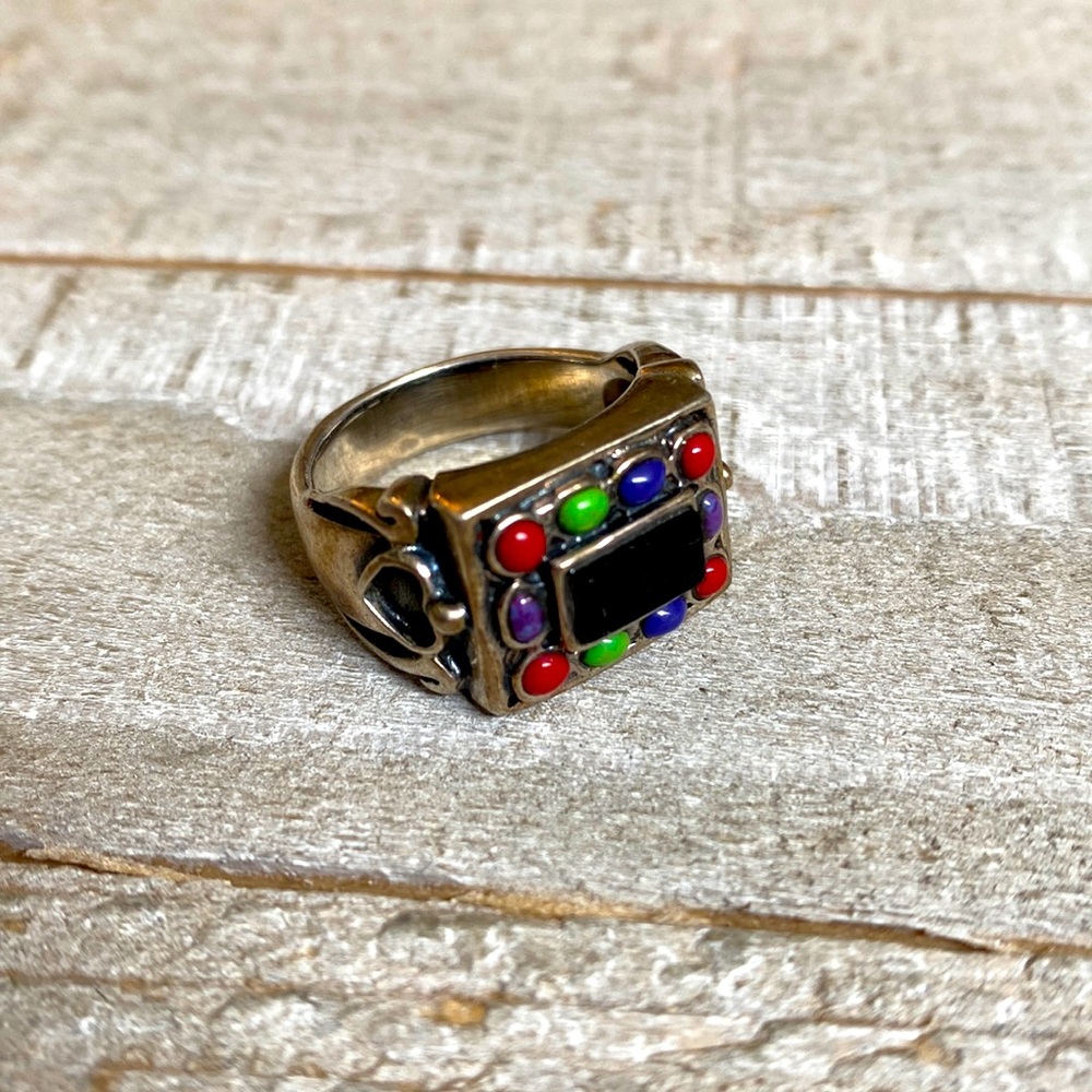 925 Silver Black And Multi Stone Ring